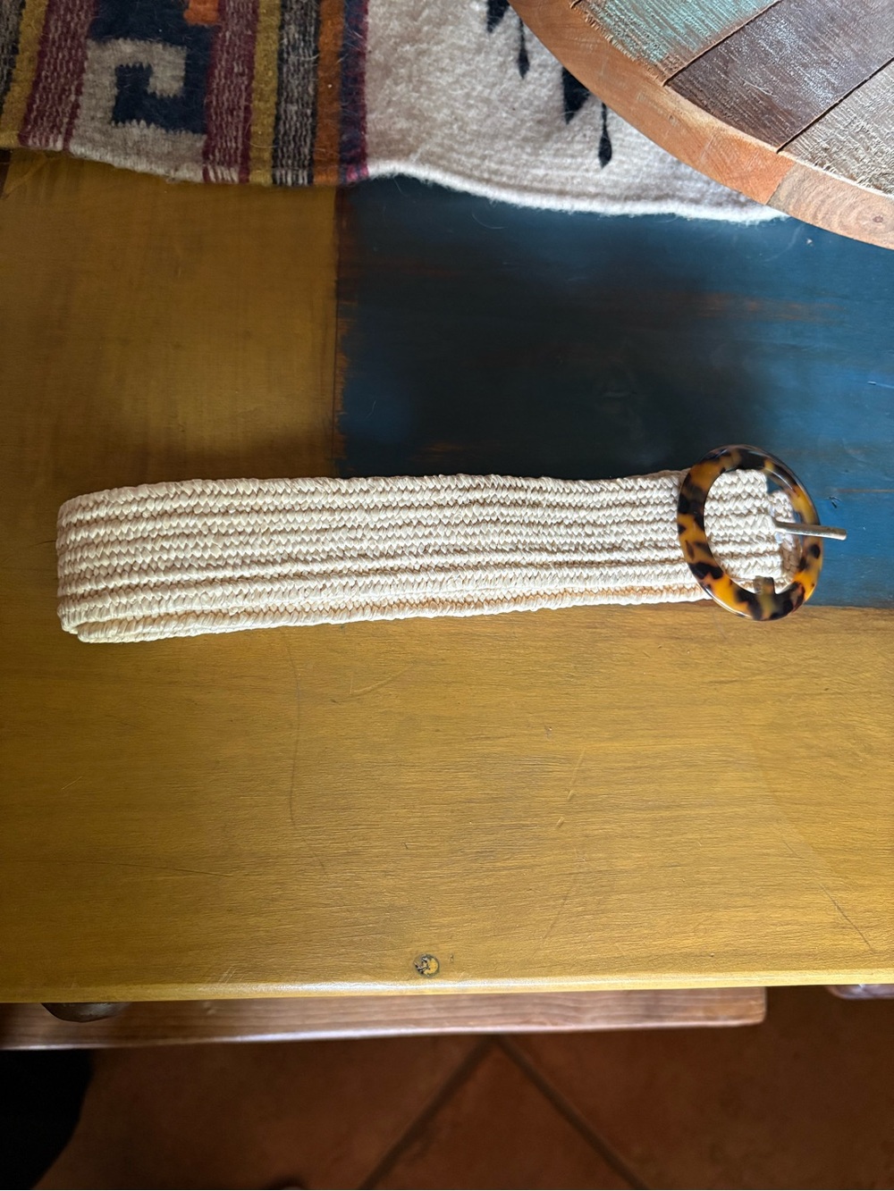 Woven Cream Women’s Belt with Tortoiseshell Ring Buckle